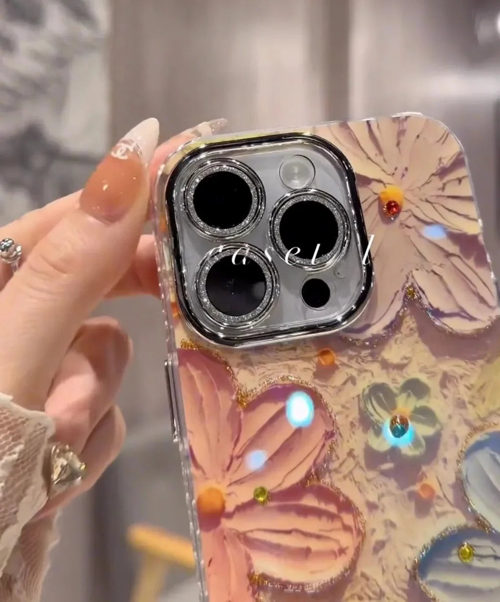 Classy  Colorful Flowers Floral Painting Case With Built-in Glitter Lens Protector